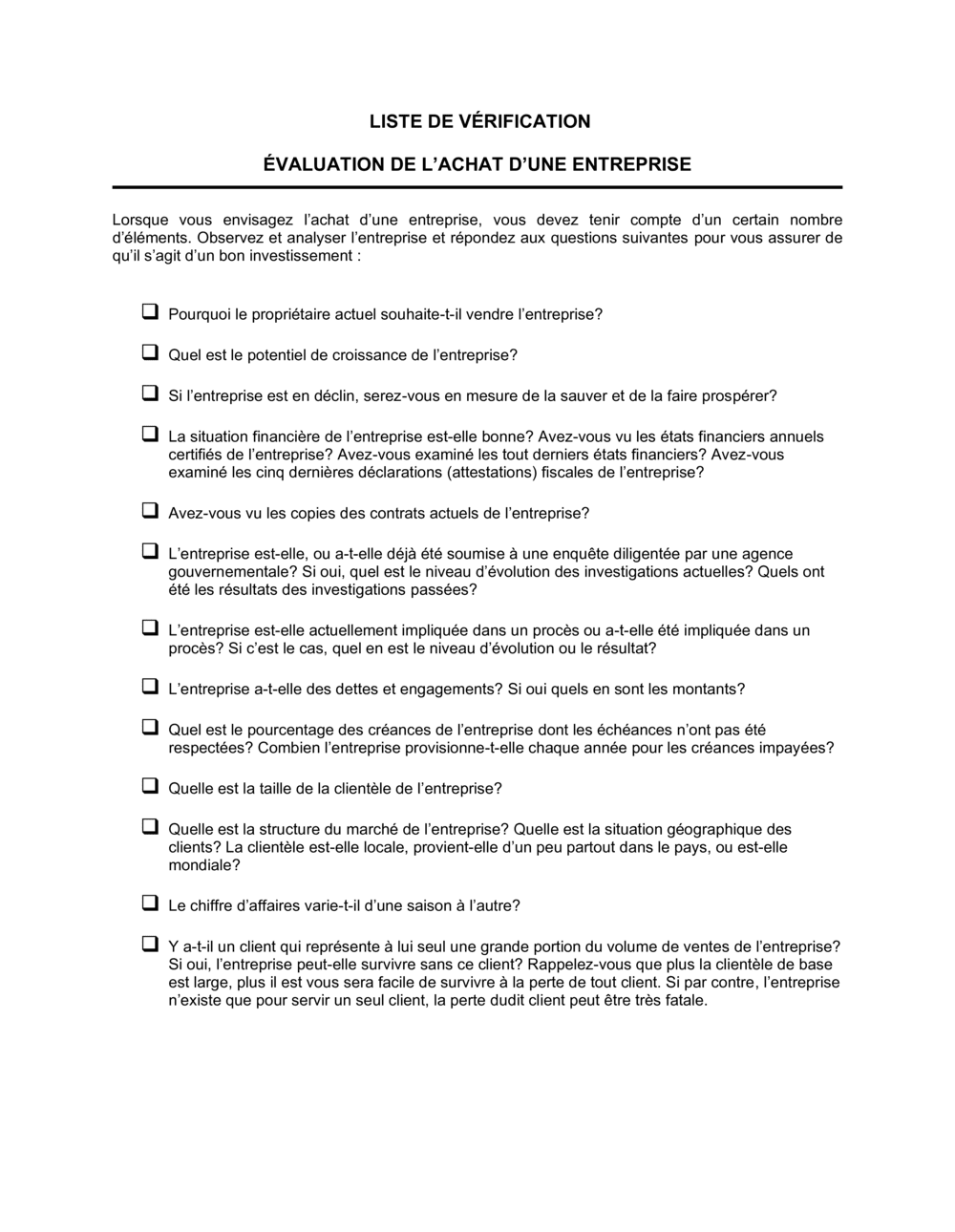 Business-in-a-Box's Liste de vérification Évaluation de l'achat d'une entreprise