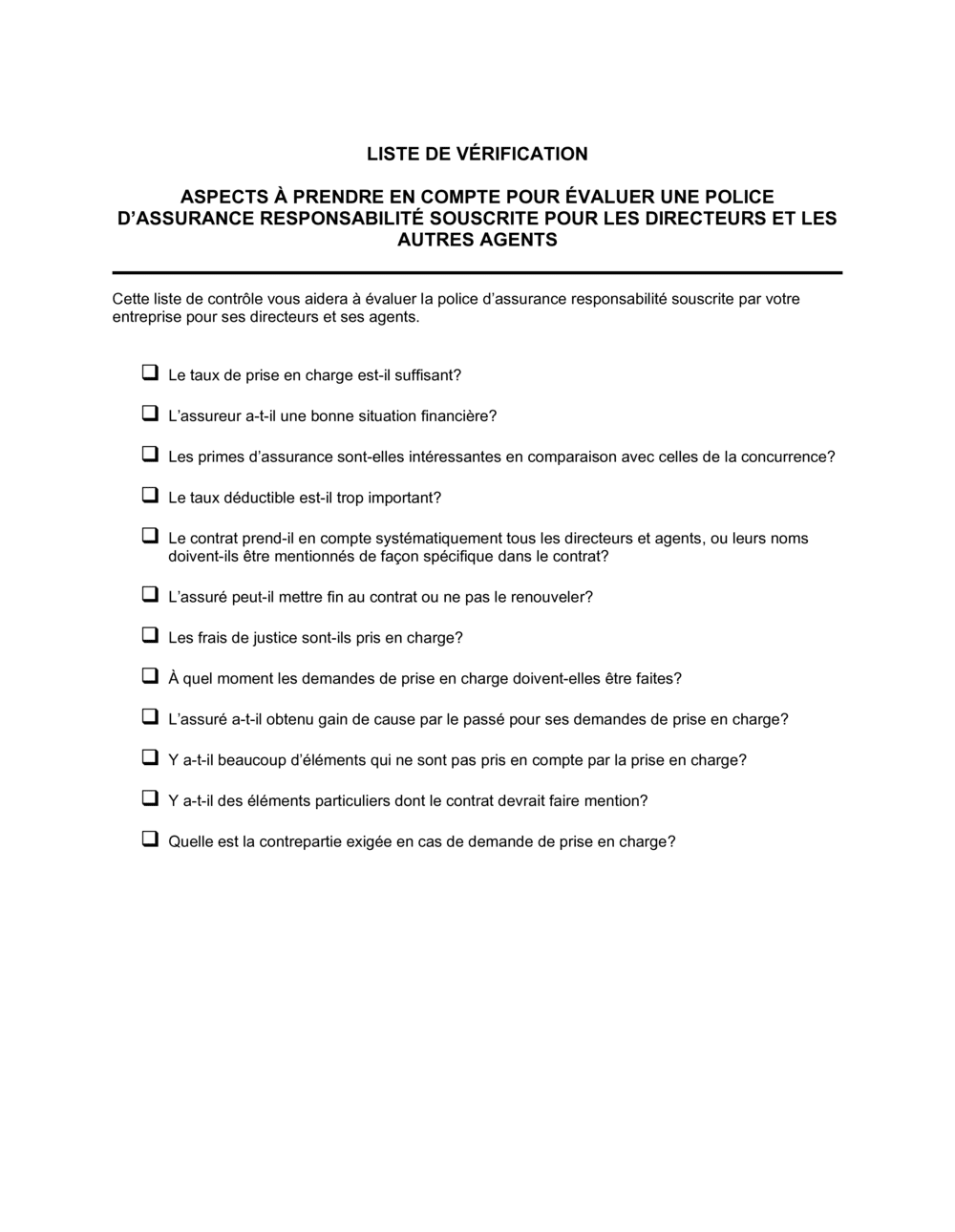 Business-in-a-Box's Liste de vérification Évaluation du plan d'assurance responsabilité