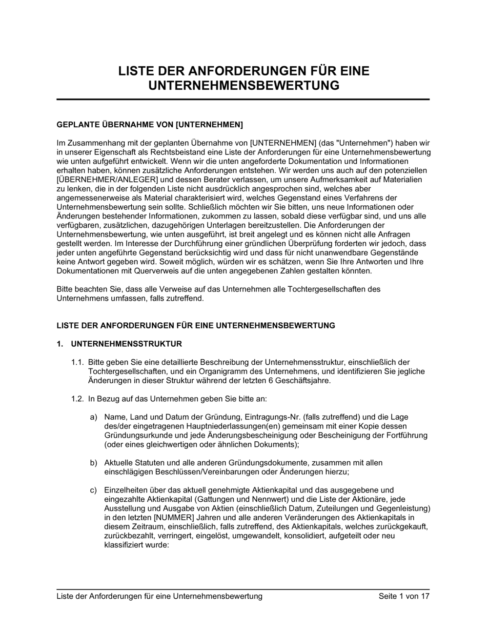 Business-in-a-Box's Liste der Anforderungen für eine Unternehmensbewertung