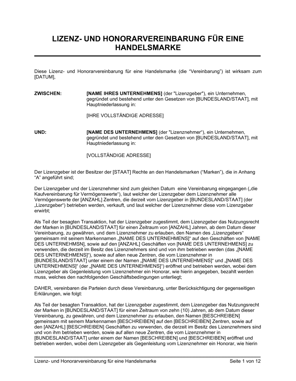 Business-in-a-Box's Lizenz- und Honorarvereinbarung für eine Handelsmarke
