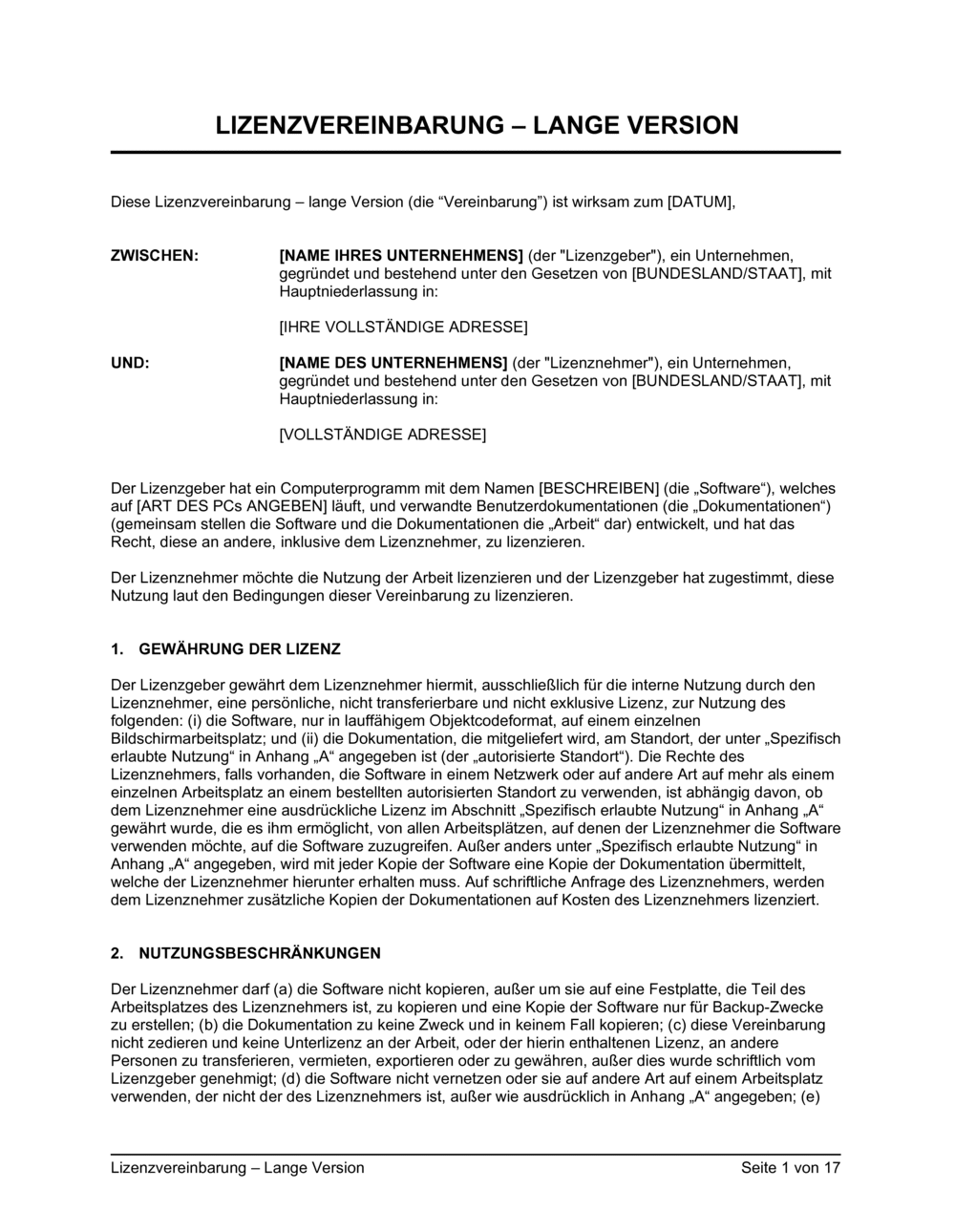 Business-in-a-Box's Lizenzvereinbarung lange Version