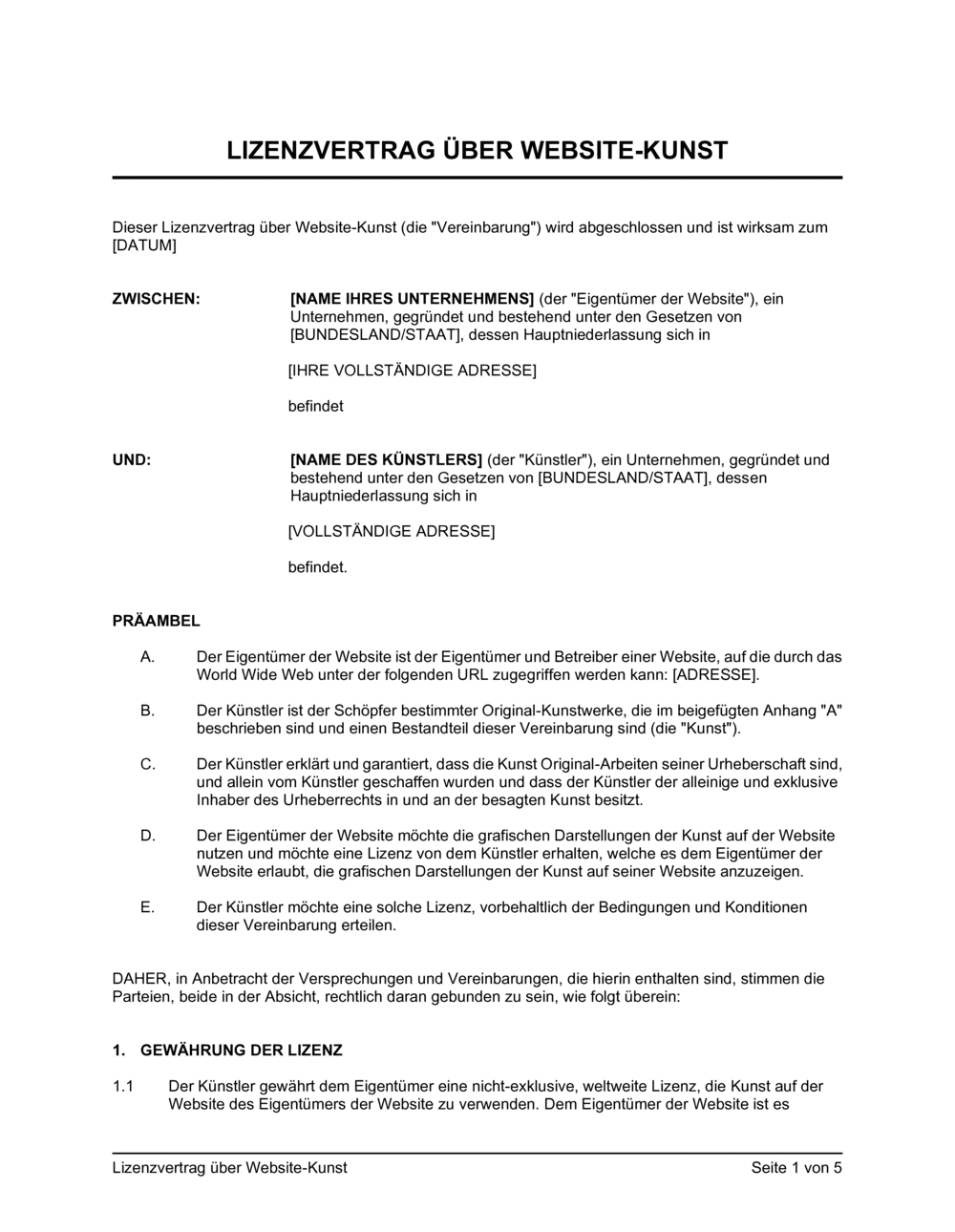 Business-in-a-Box's Lizenzvertrag über Website-Kunst