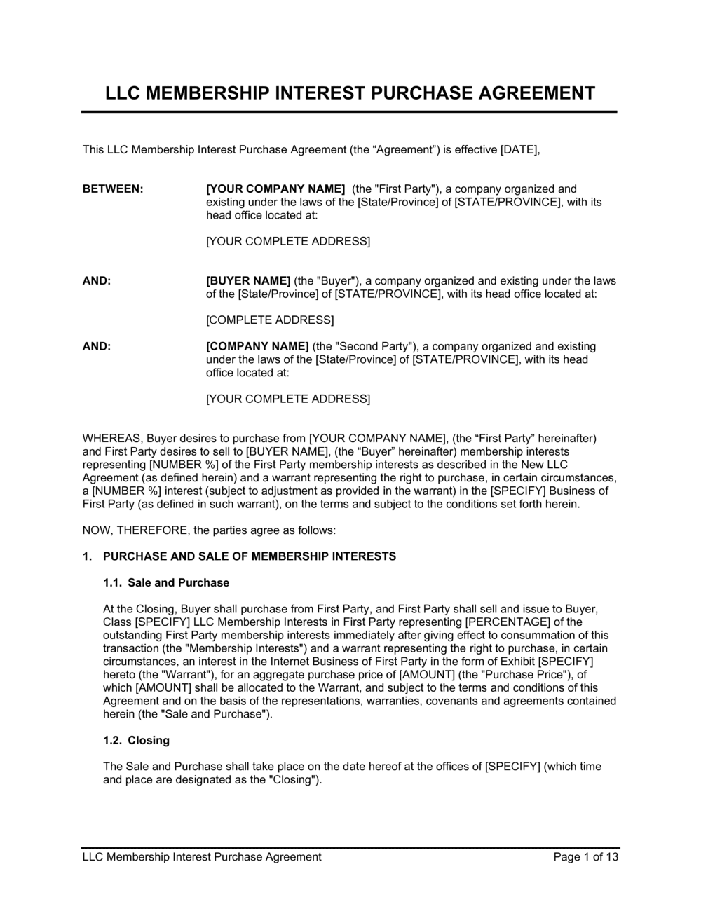 Llc Investment Agreement Template