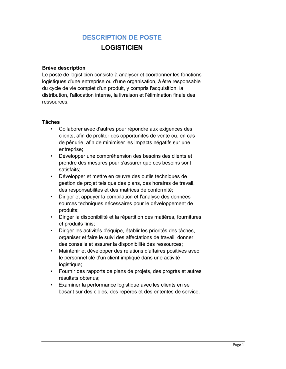 Business-in-a-Box's Logisticien Description de poste