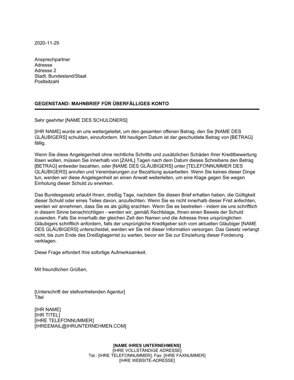Business-in-a-Box's Mahnbrief für Überfalliges Konto