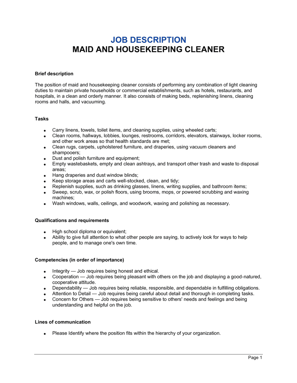 Maid And Housekeeping Cleaner Job Description Template By Business in 