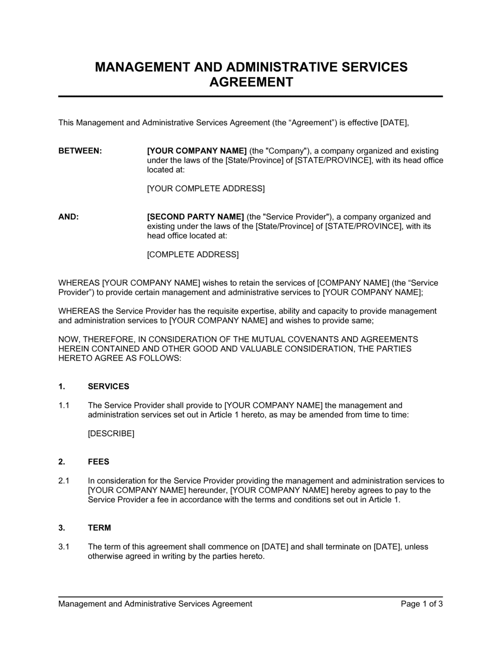 Management and Administrative Services Agreement Template by Business