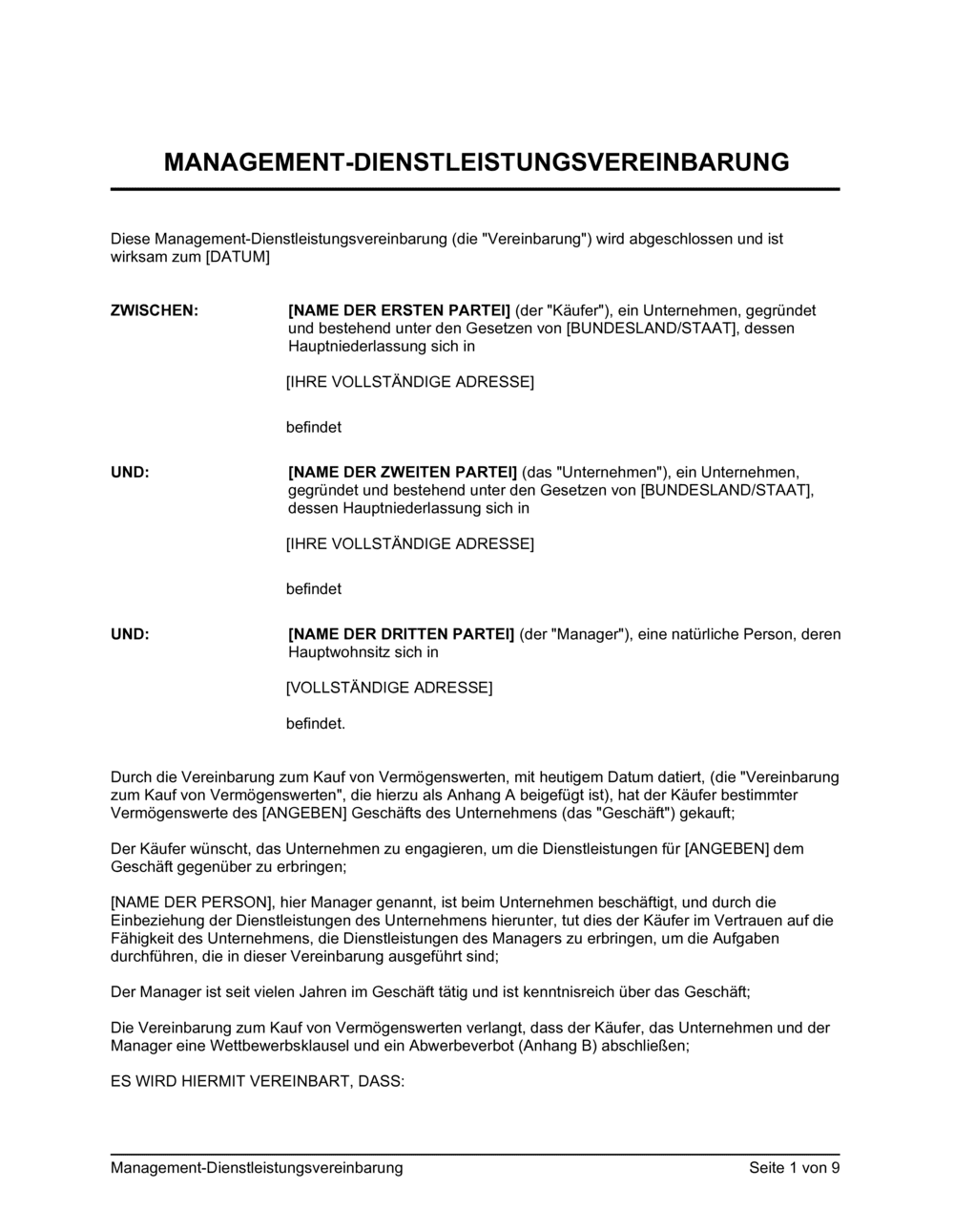 Business-in-a-Box's Management-Dienstleistungsvereinbarung