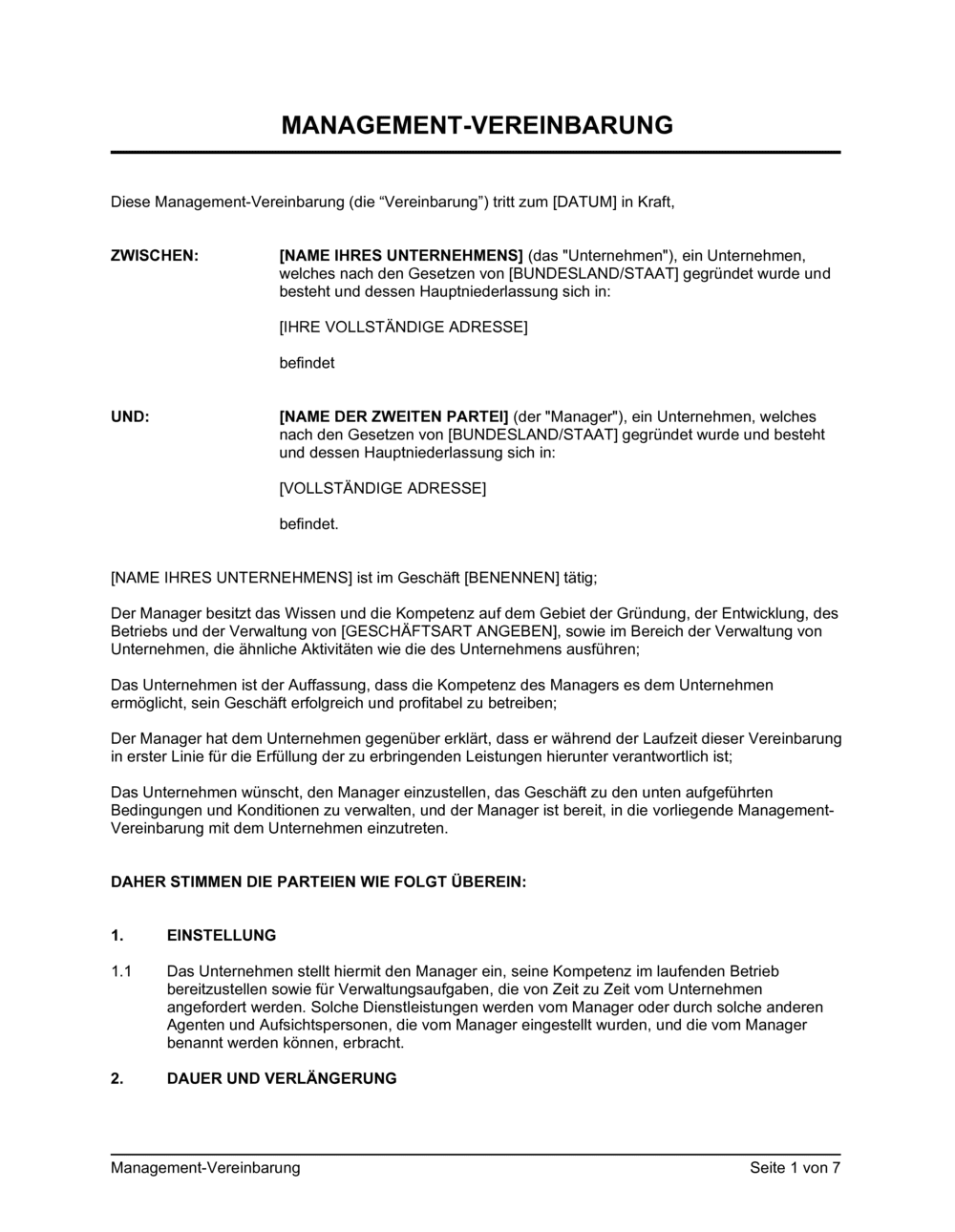 Business-in-a-Box's Management-Vereinbarung