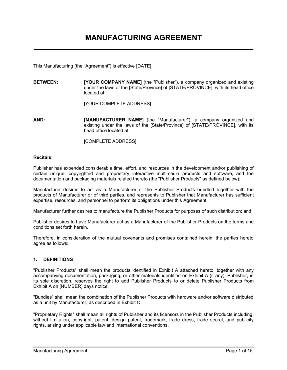 Toll Manufacturing Agreement Template