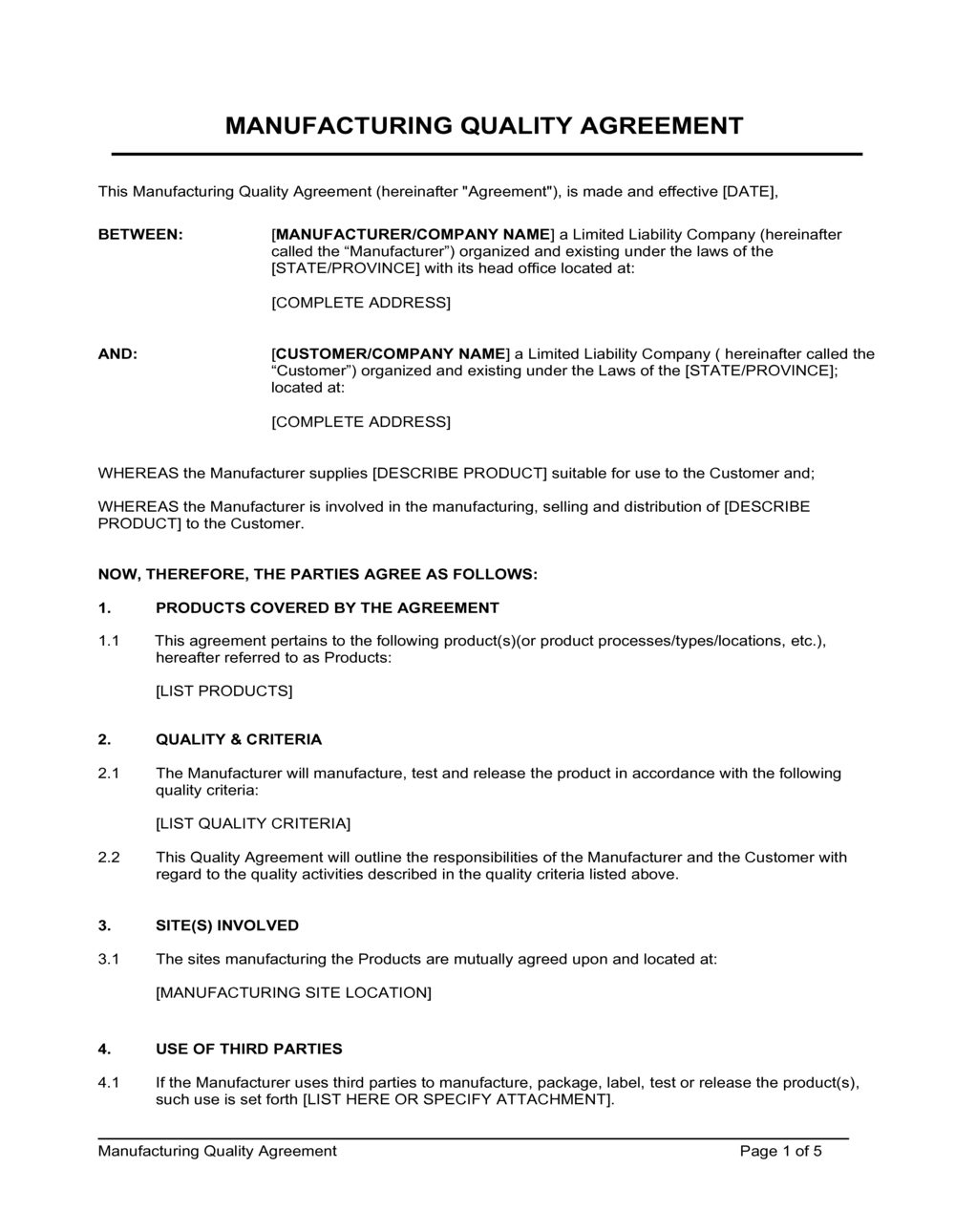 Manufacturing Quality Agreement Template  by Business-in-a-Box™ In toll processing agreement template