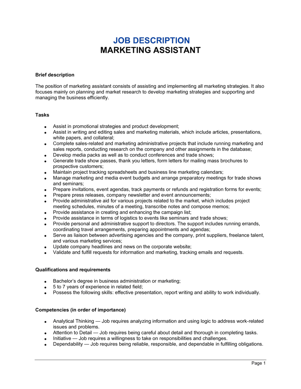 Marketing Assistant Job Description Template By Business in a Box 