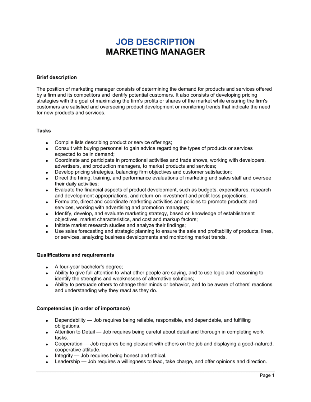 job description template sales manager