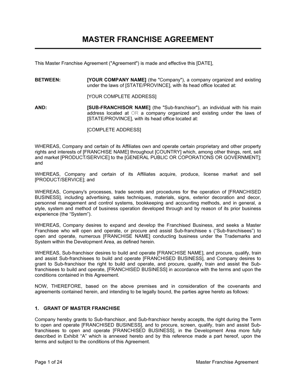 Master Franchise Agreement Template