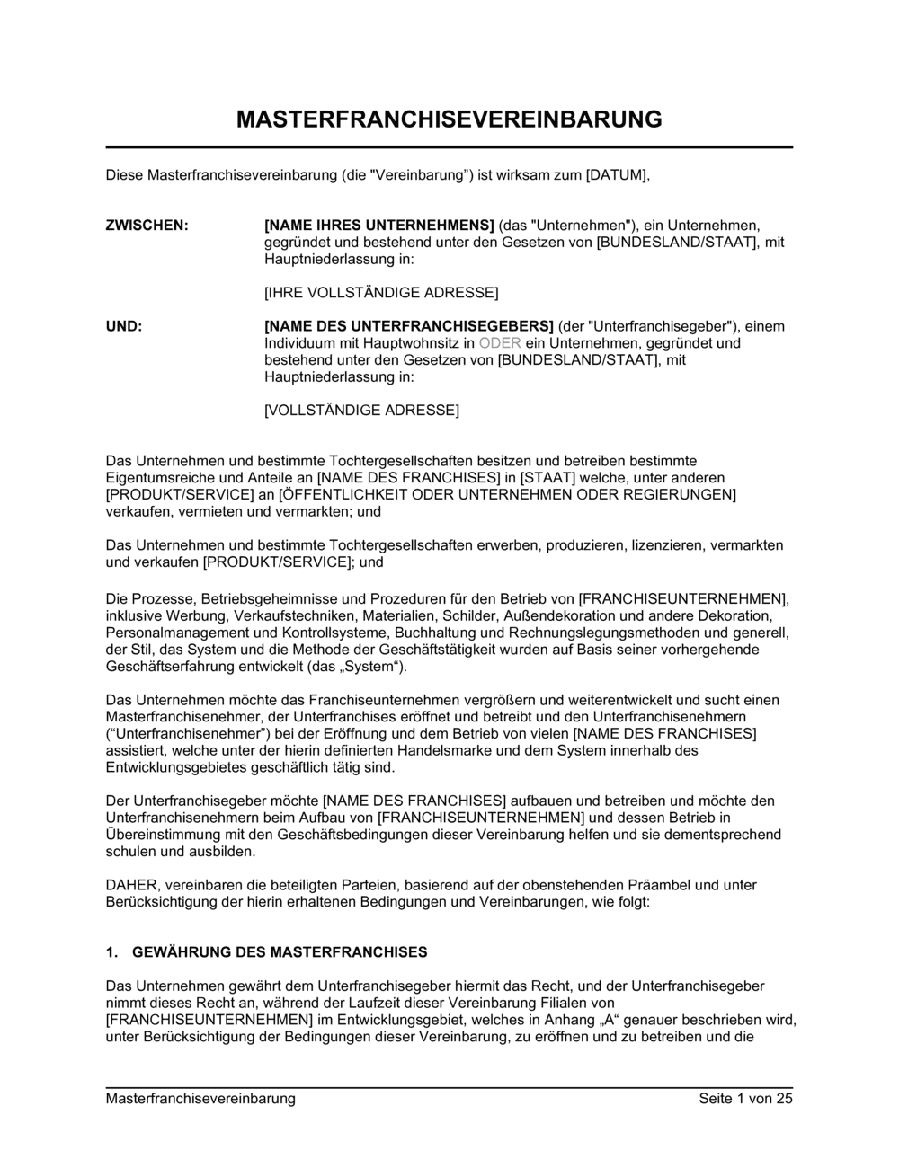 Business-in-a-Box's Masterfranchisevereinbarung