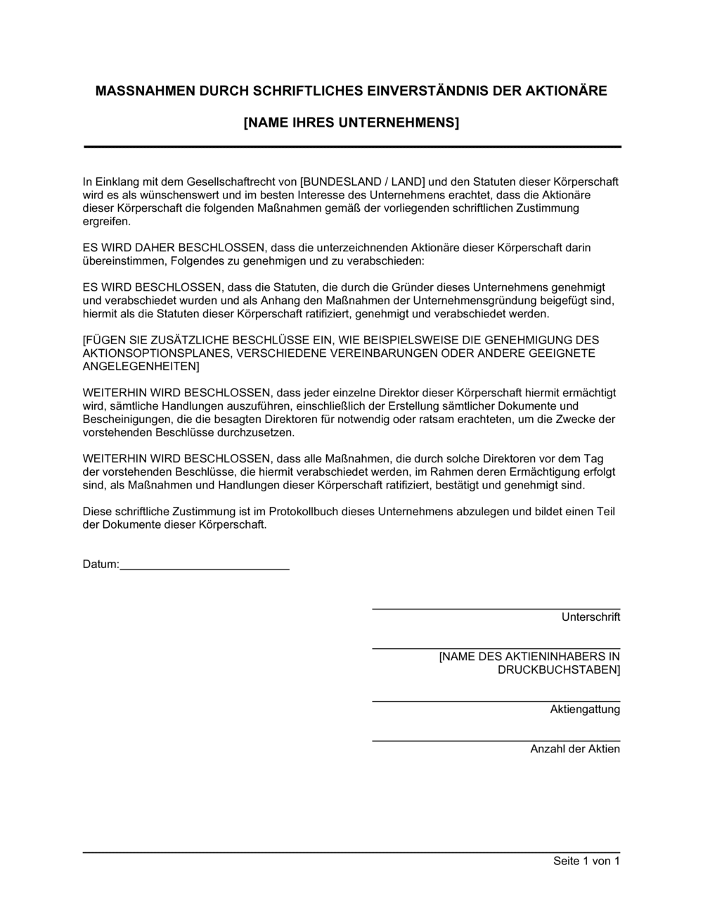 Business-in-a-Box's Maßnahmen durch schriftliches  Einverständnis der Aktionare