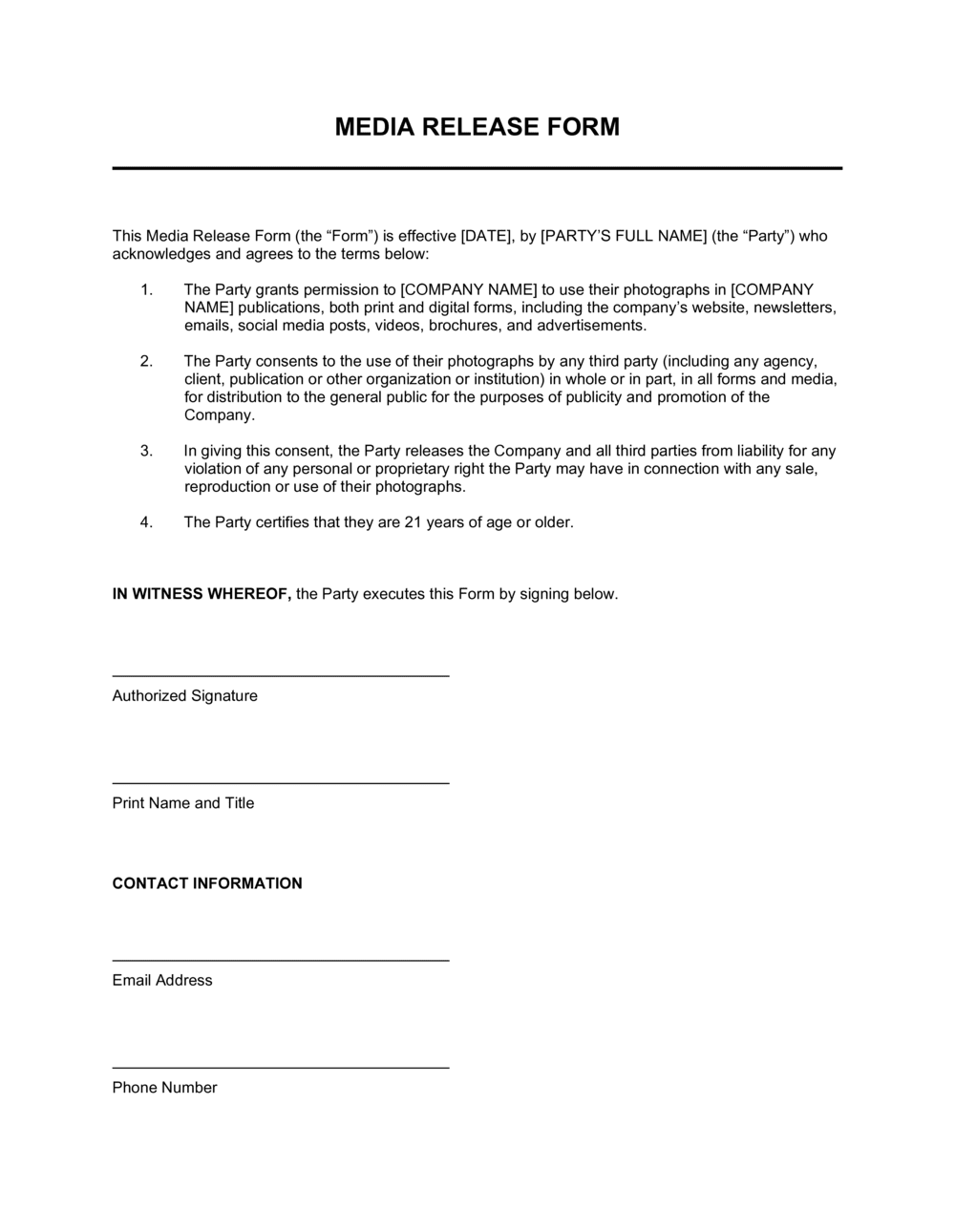 Media Release Form Template BIB