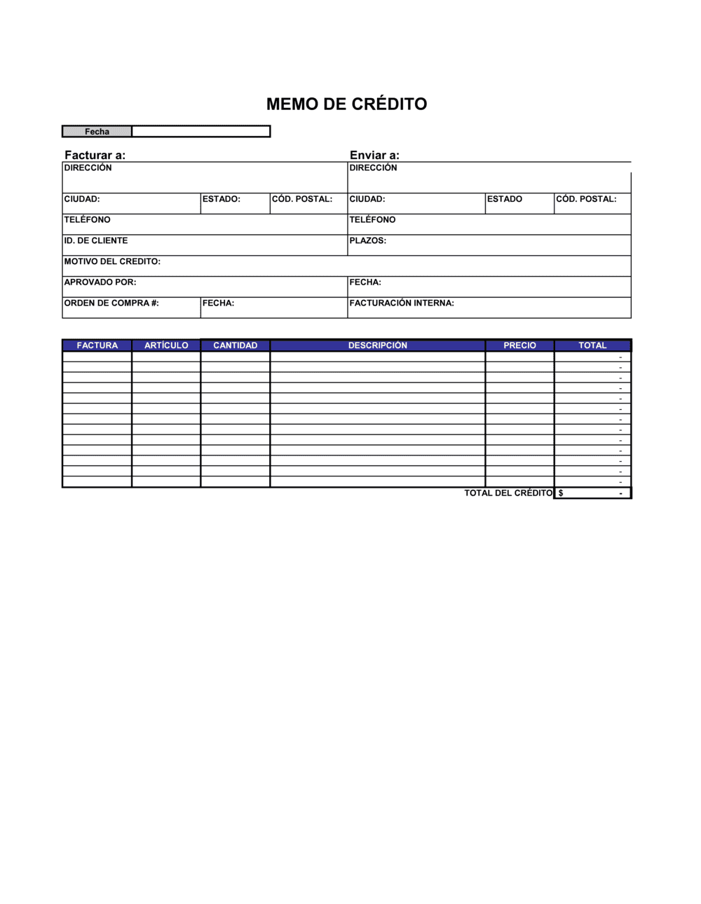 Business-in-a-Box's Memo de crédito - Excel