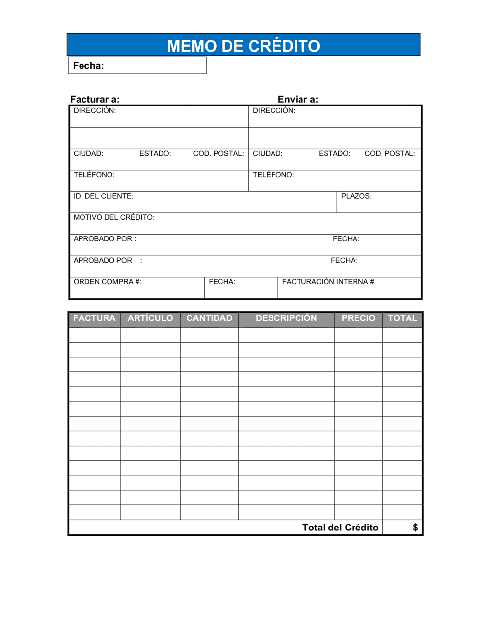 Business-in-a-Box's Memo de crédito