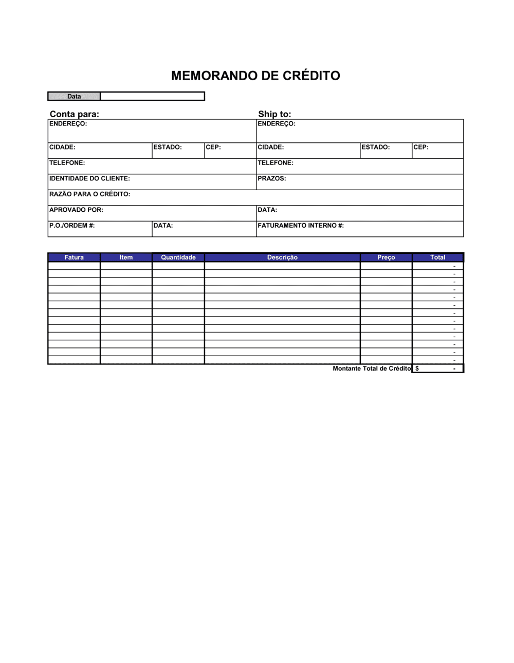 Business-in-a-Box's Memorando de Crédito - Excel
