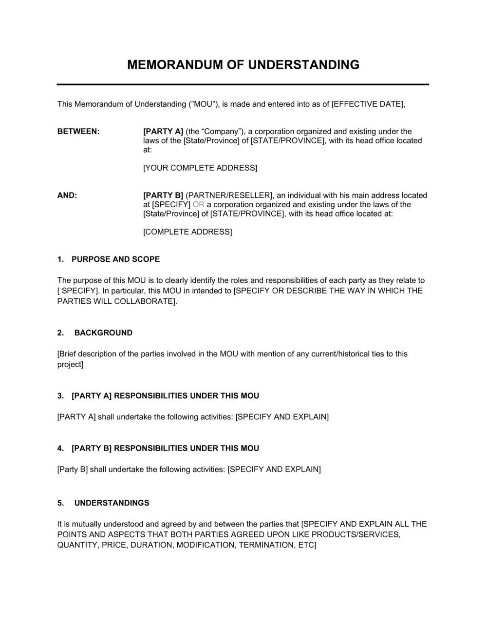 Memorandum Of Understanding Template By Business In A Box