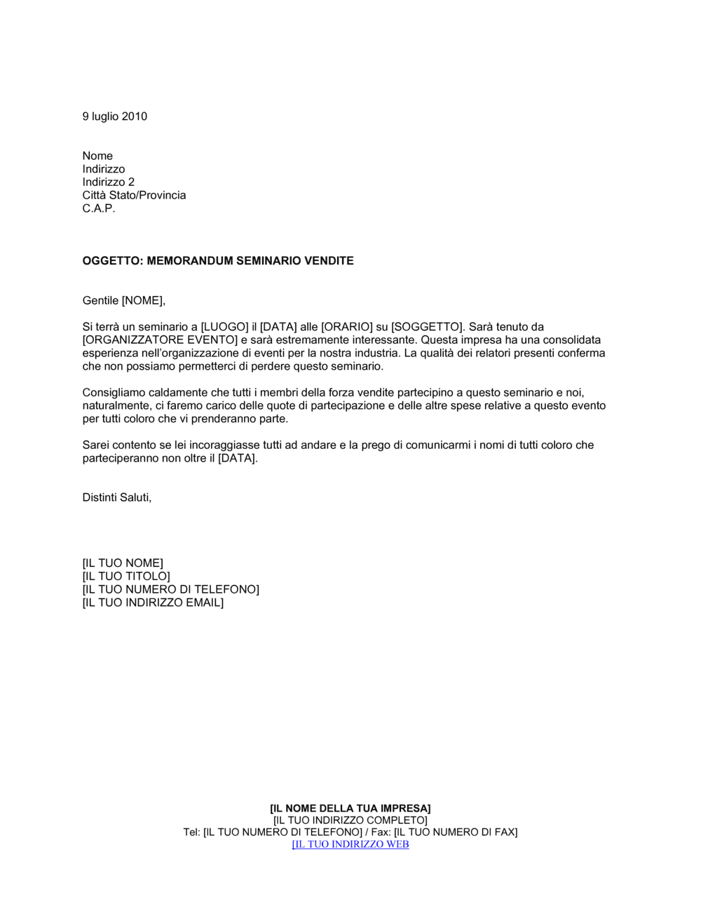 Business-in-a-Box's Memorandum seminario vendite