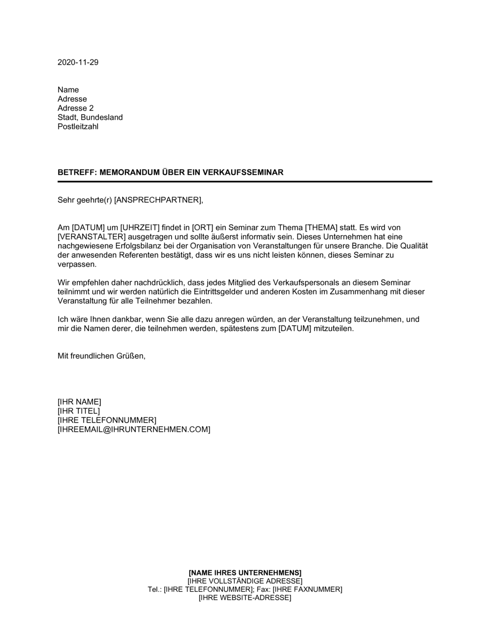 Business-in-a-Box's Memorandum über ein Verkaufsseminar