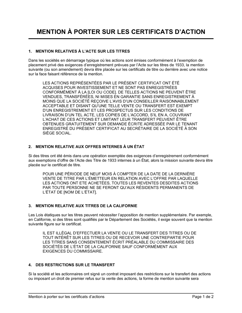 Business-in-a-Box's Mention à porter sur certificat d'action - USA