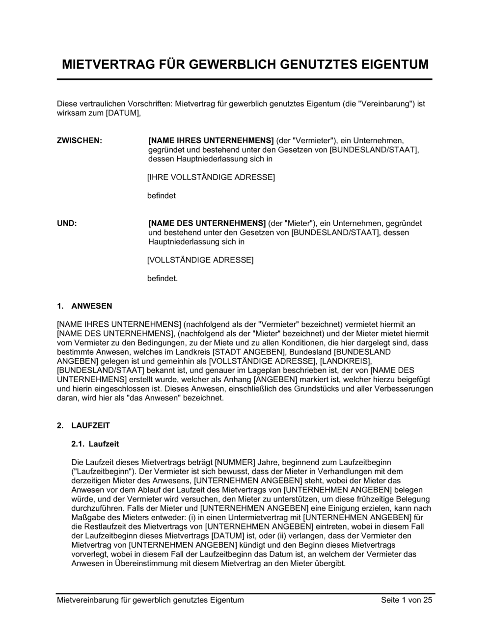 Business-in-a-Box's Mietvereinbarung für gewerblich genutztes Eigentum