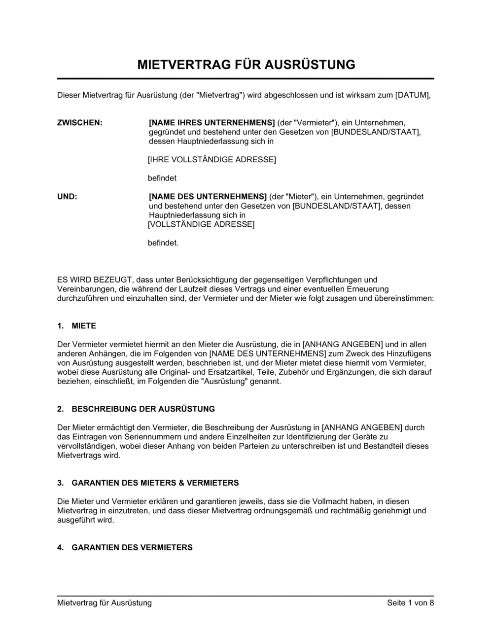 Business-in-a-Box's Mietvertrag für Ausrüstung