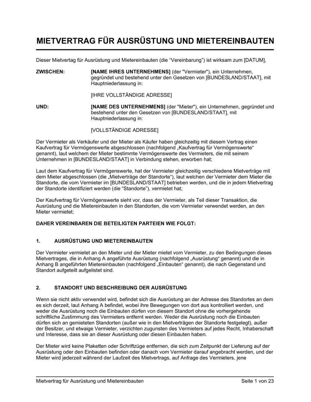 Business-in-a-Box's Mietvertrag für Ausrüstung und Mietereinbauten