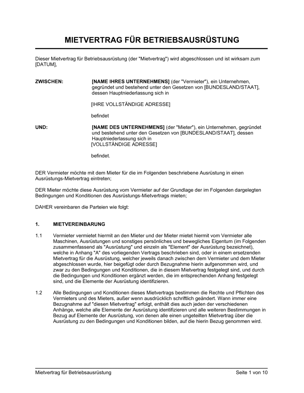 Business-in-a-Box's Mietvertrag für Betriebsausrüstung