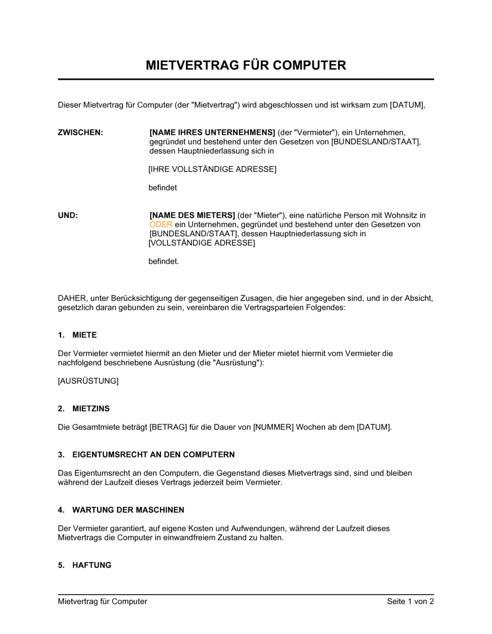 Business-in-a-Box's Mietvertrag für Computer