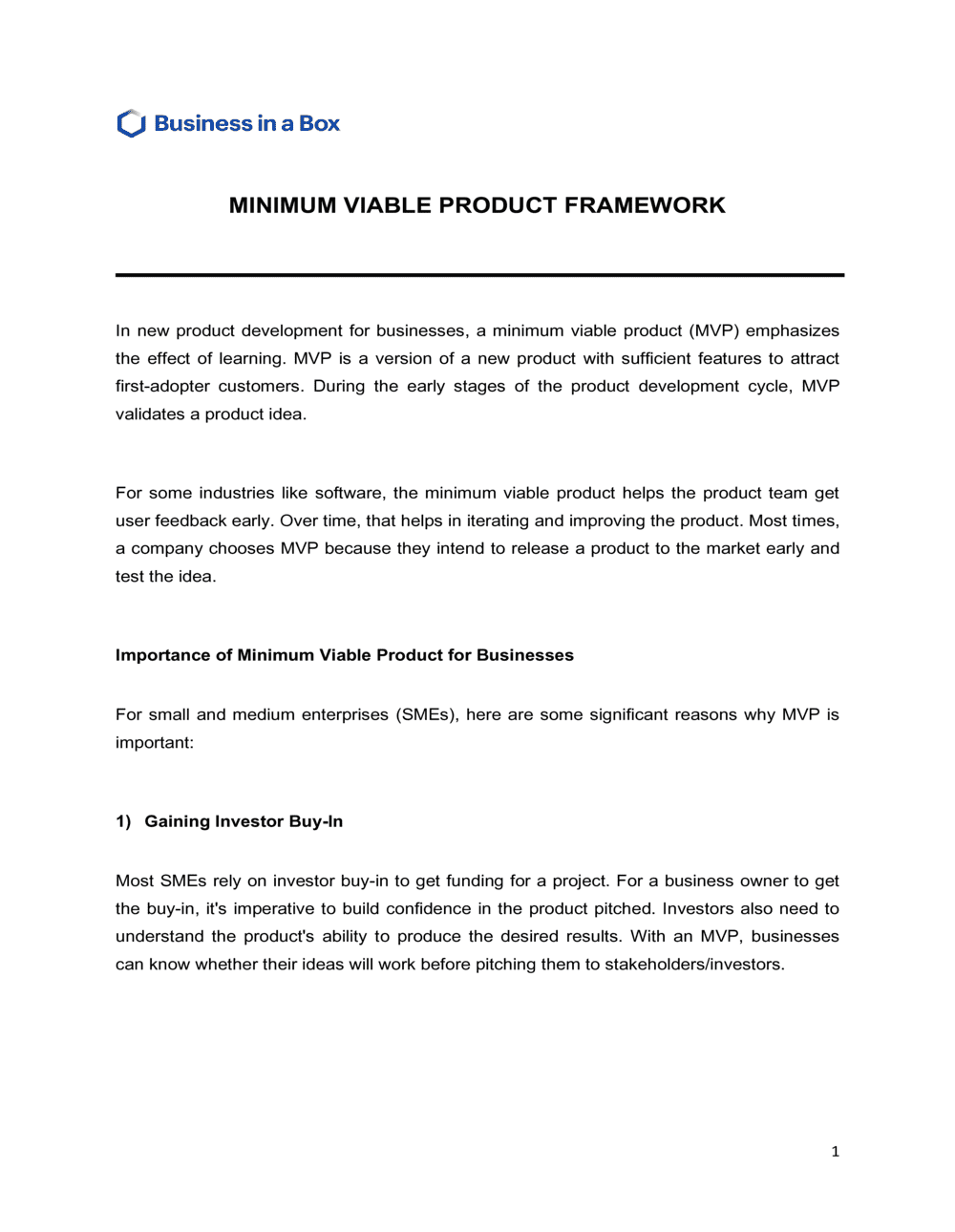 Business-in-a-Box's Minimum Viable Product Framework Template