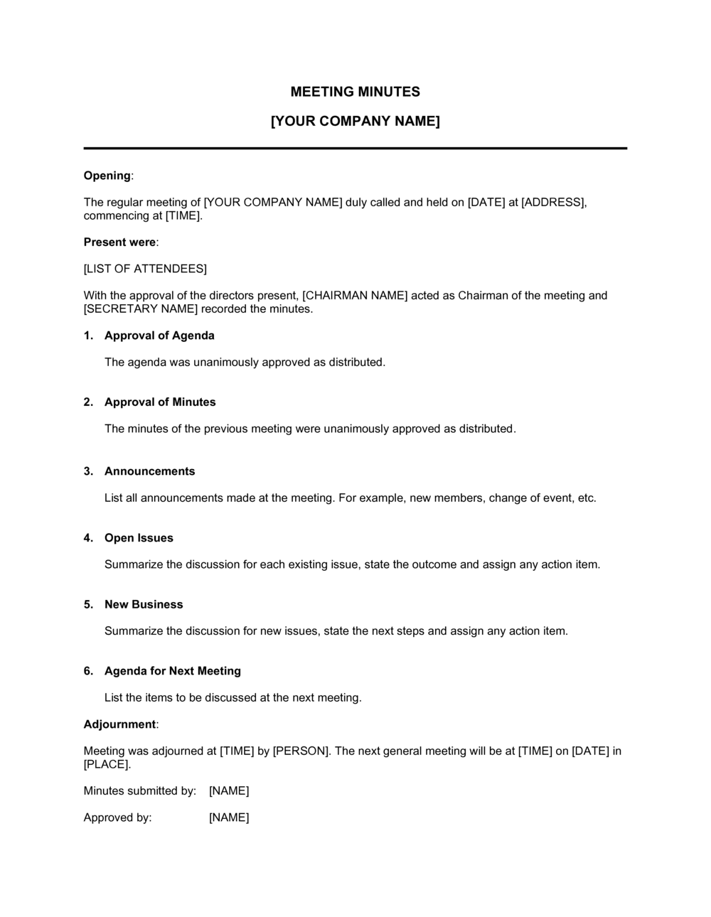 Minutes Of Meeting Template For Your Needs