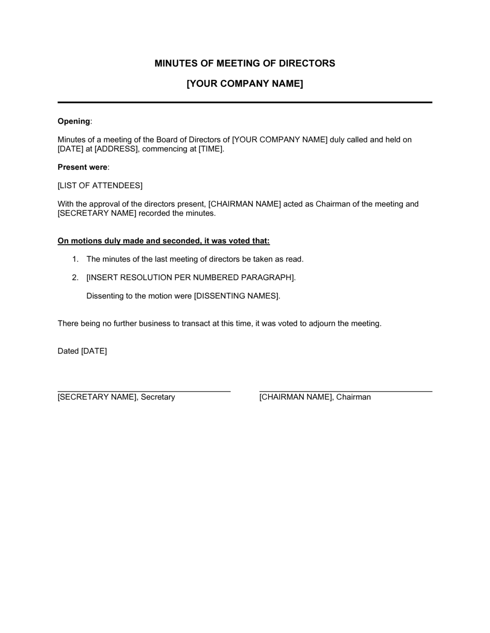 Board Of Directors Meeting Minutes Template Doc