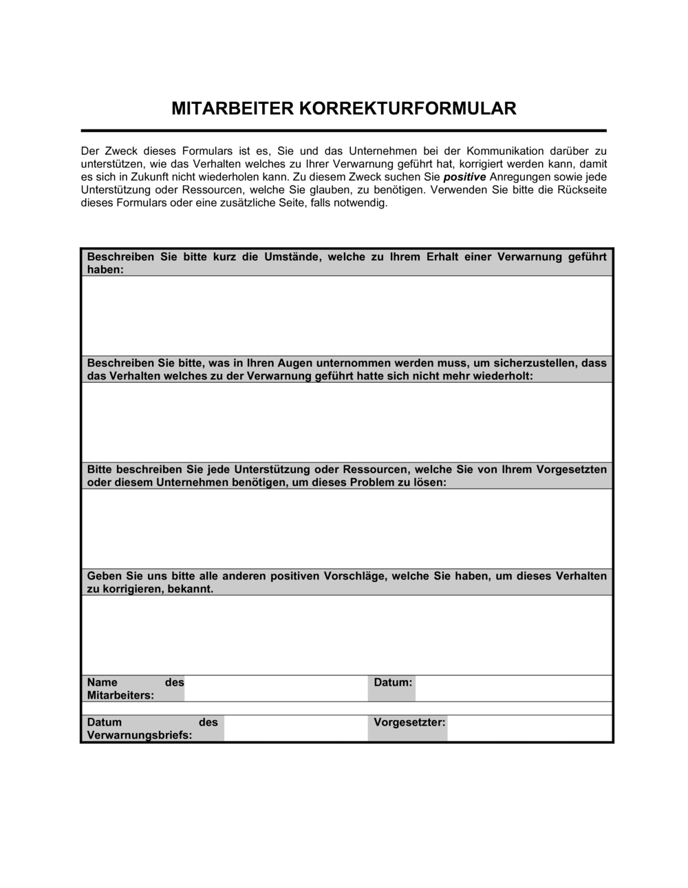 Business-in-a-Box's Mitarbeiter Korrekturformular