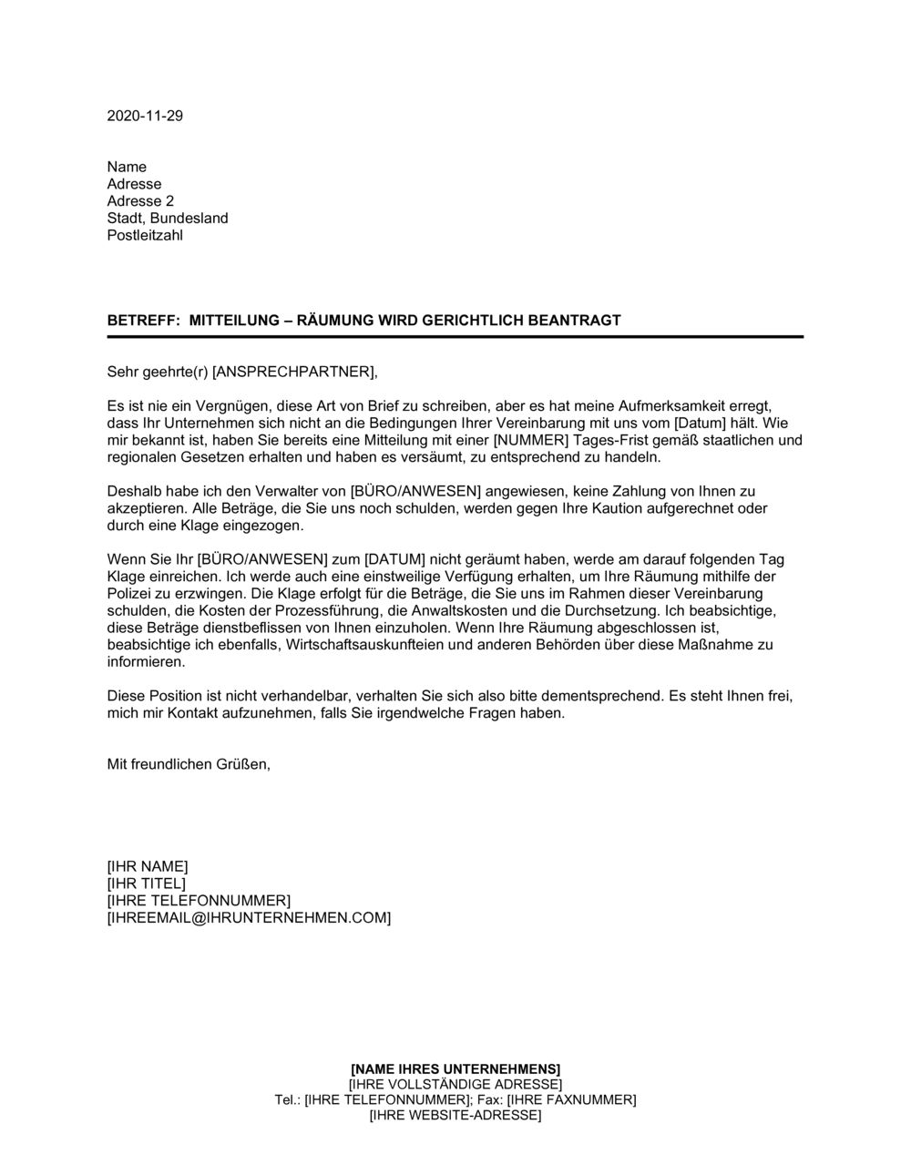 Business-in-a-Box's Mitteilung - Räumung wird gerichtlich beantragt