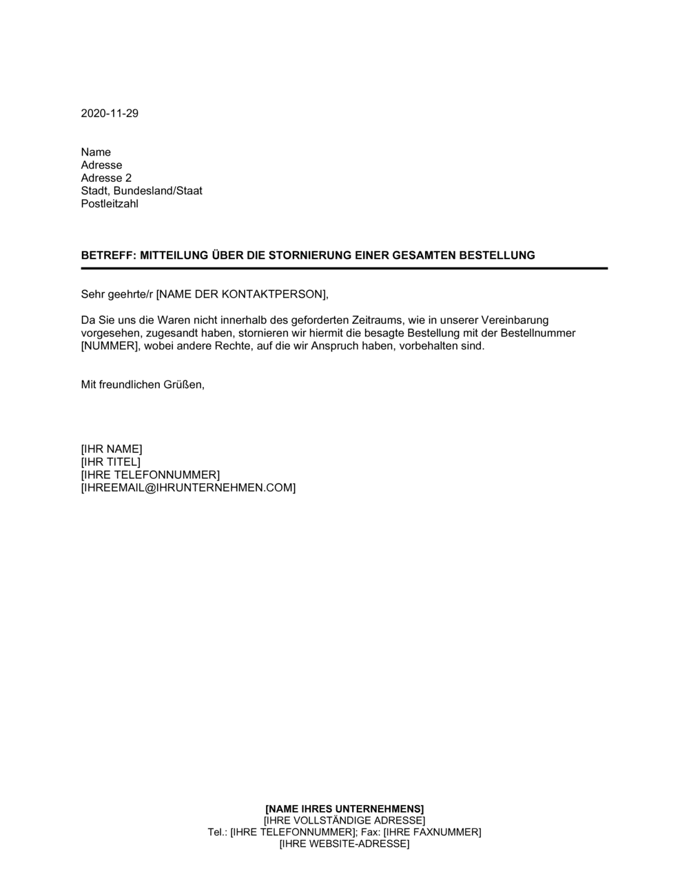 Business-in-a-Box's Mitteilung über die Stornierung einer gesamten Bestellung