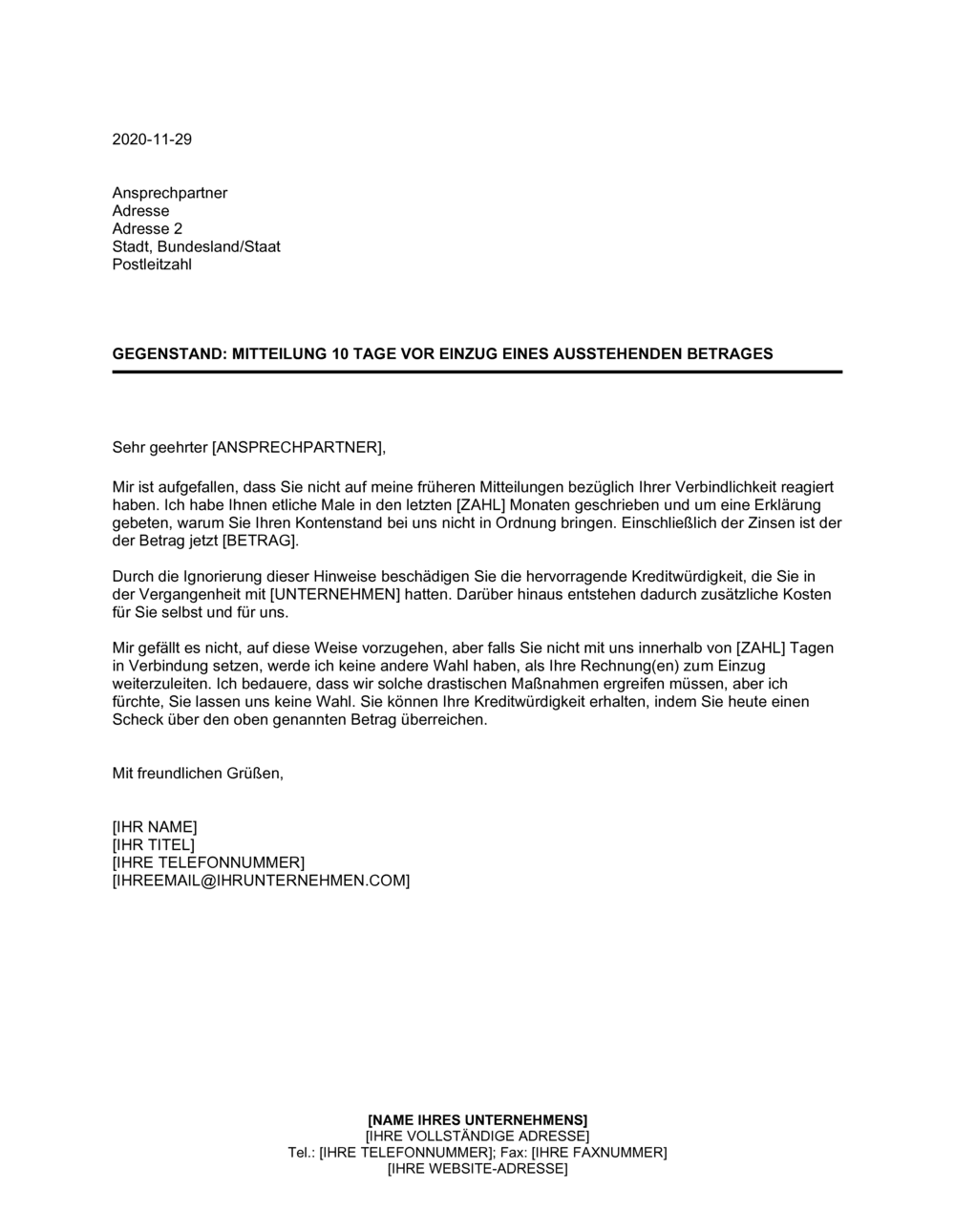 Business-in-a-Box's Mitteilung 10 Tage vor Einzug eines ausstehenden Betrages