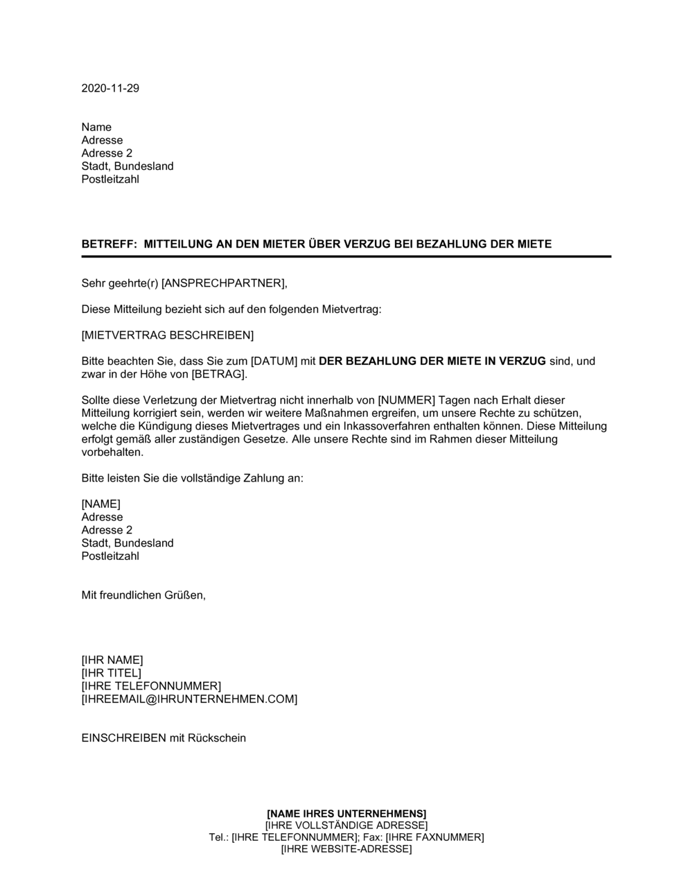 Business-in-a-Box's Mitteilung an den Mieter über Verzug bei Bezahlung der Miete