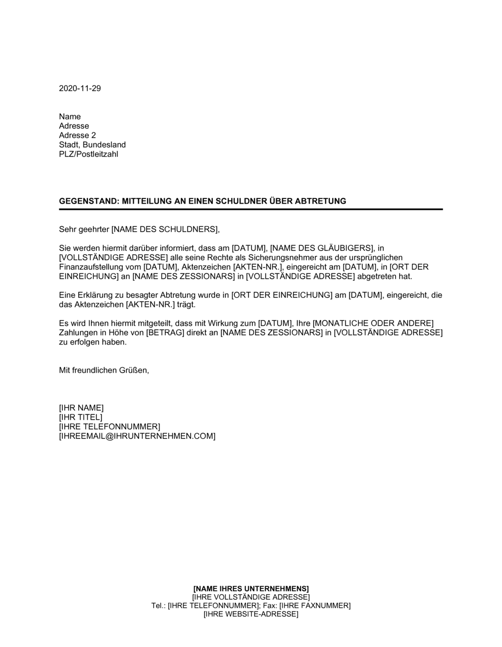Business-in-a-Box's Mitteilung an einen Schuldner über Abtretung