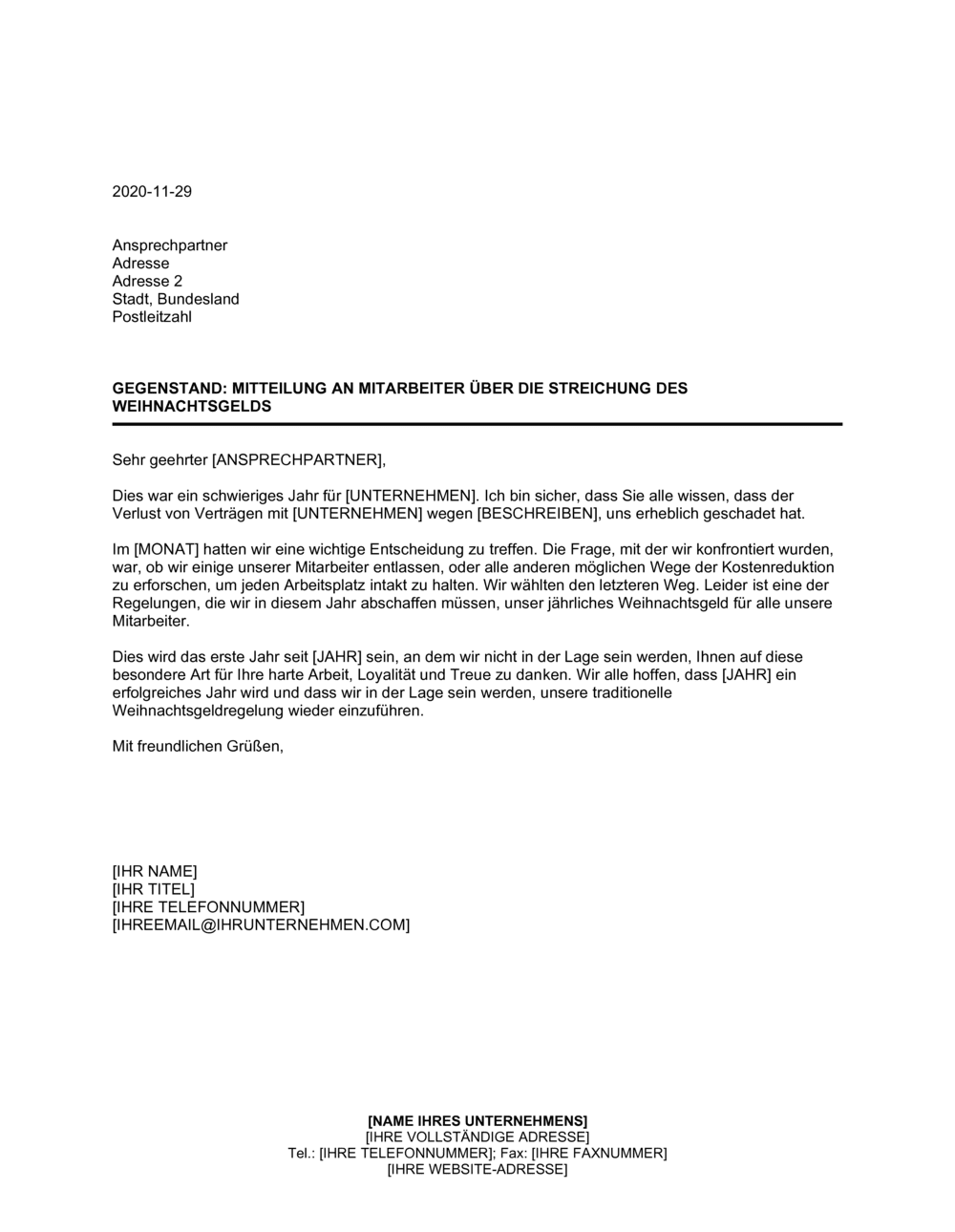 Business-in-a-Box's Mitteilung an Mitarbeiter über die Streichung des Weihnachtsgelds