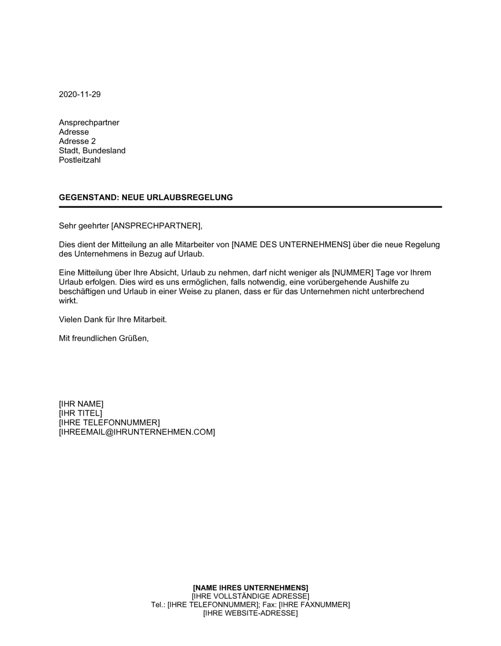 Business-in-a-Box's Mitteilung an Mitarbeiter über neue Urlaubsregelung