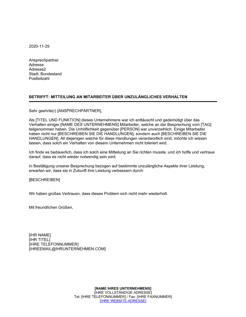Business-in-a-Box's Mitteilung an Mitarbeiter über unzulängliches Verhalten