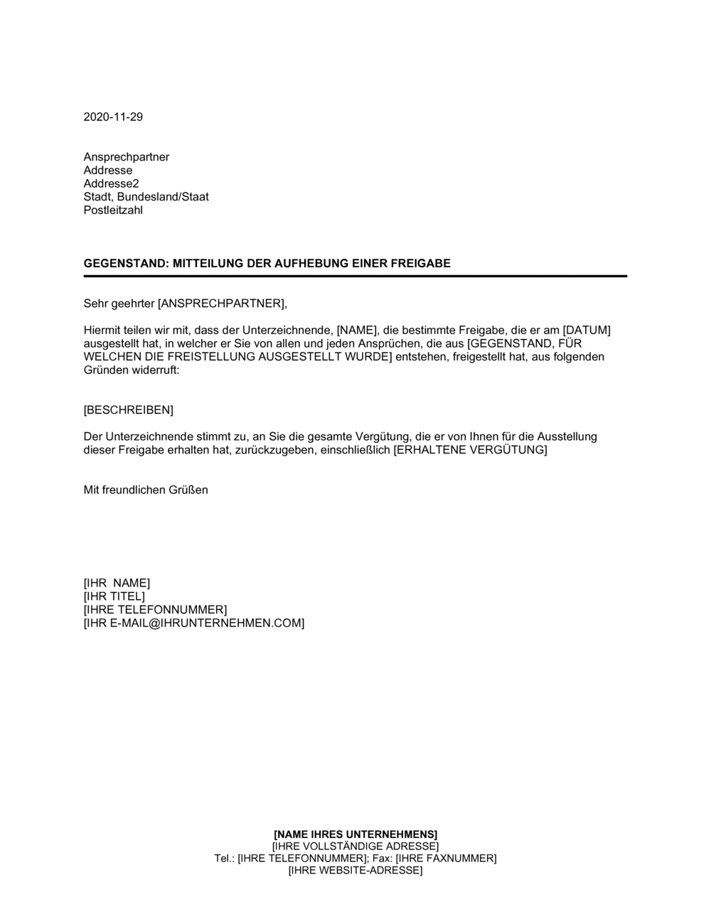 Business-in-a-Box's Mitteilung der Aufhebung einer Freigabe