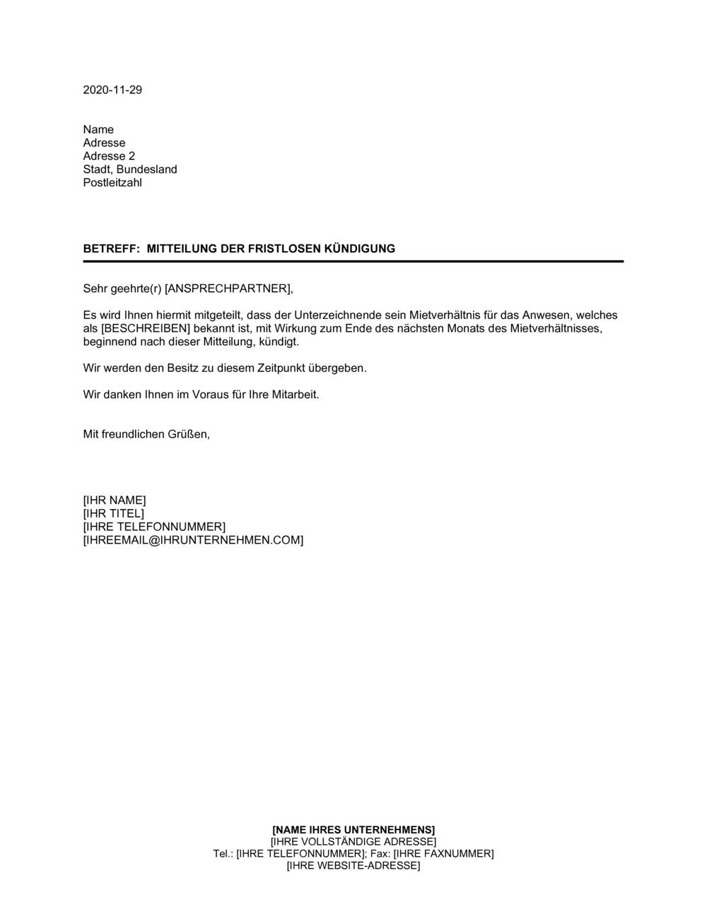 Business-in-a-Box's Mitteilung der fristlosen Kündigung des Mietverhältnisses durch den Mieter