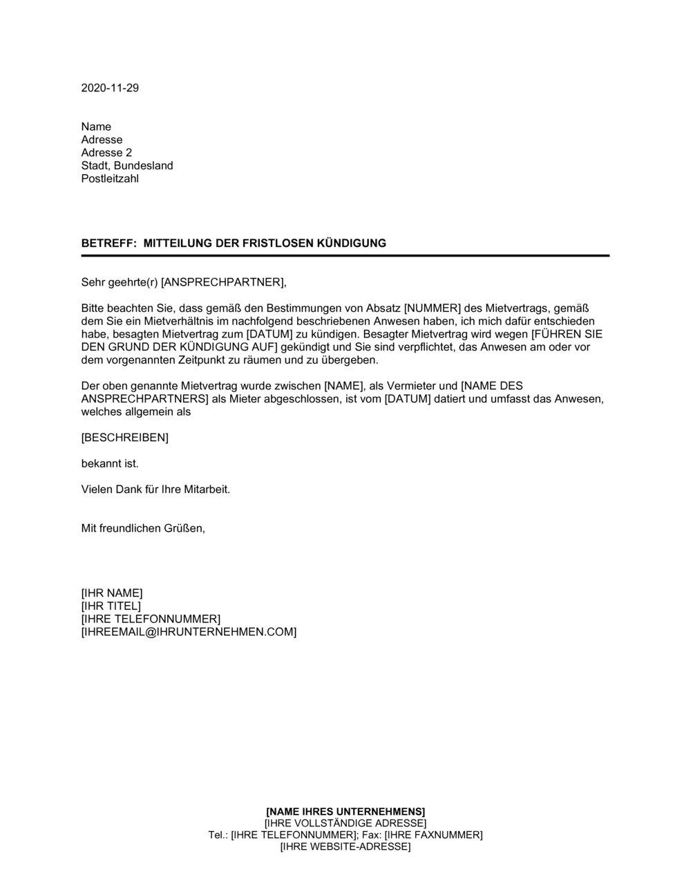 Business-in-a-Box's Mitteilung der fristlosen Kündigung des Mietverhältnisses durch den Vermieter