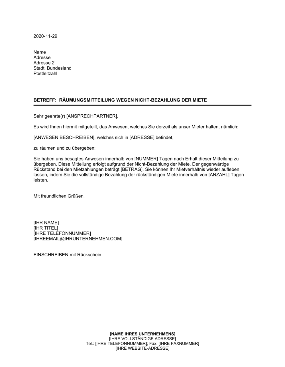 Business-in-a-Box's Mitteilung der Räumung wegen Nicht-Bezahlung der Miete