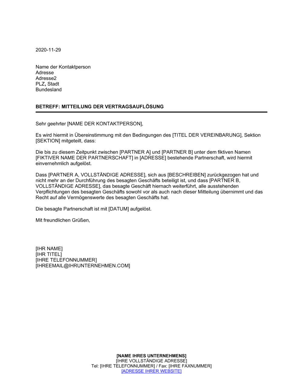 Business-in-a-Box's Mitteilung der Vertragsauflösung